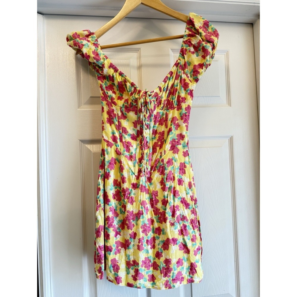 Sabo Mini Dress Womens XS Yellow Floral Corset Lace Up Cap Sleeve USA 2